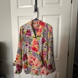 Floral V-Neck Blouse with Pink and Green Accents